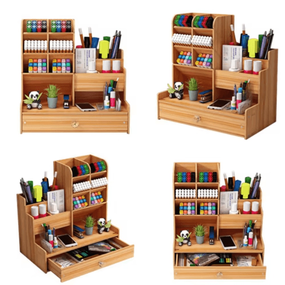 Simple Wooden Pen Holder Desk Organizer With Drawer For Study And Office 0