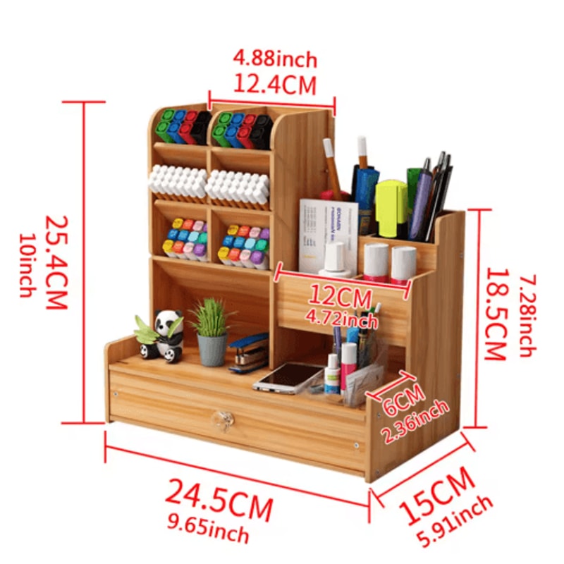 Multi Functional Wooden Pen Holder With Drawer For Desk And Vanity Storage 1