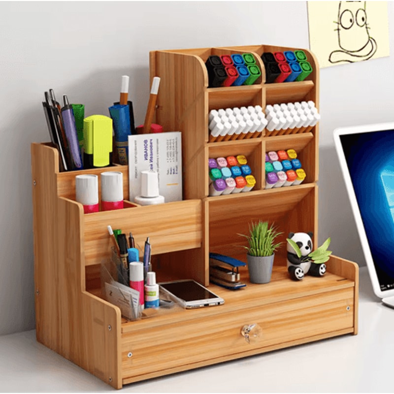 Multi Functional Wooden Pen Holder With Drawer For Desk And Vanity Storage 3