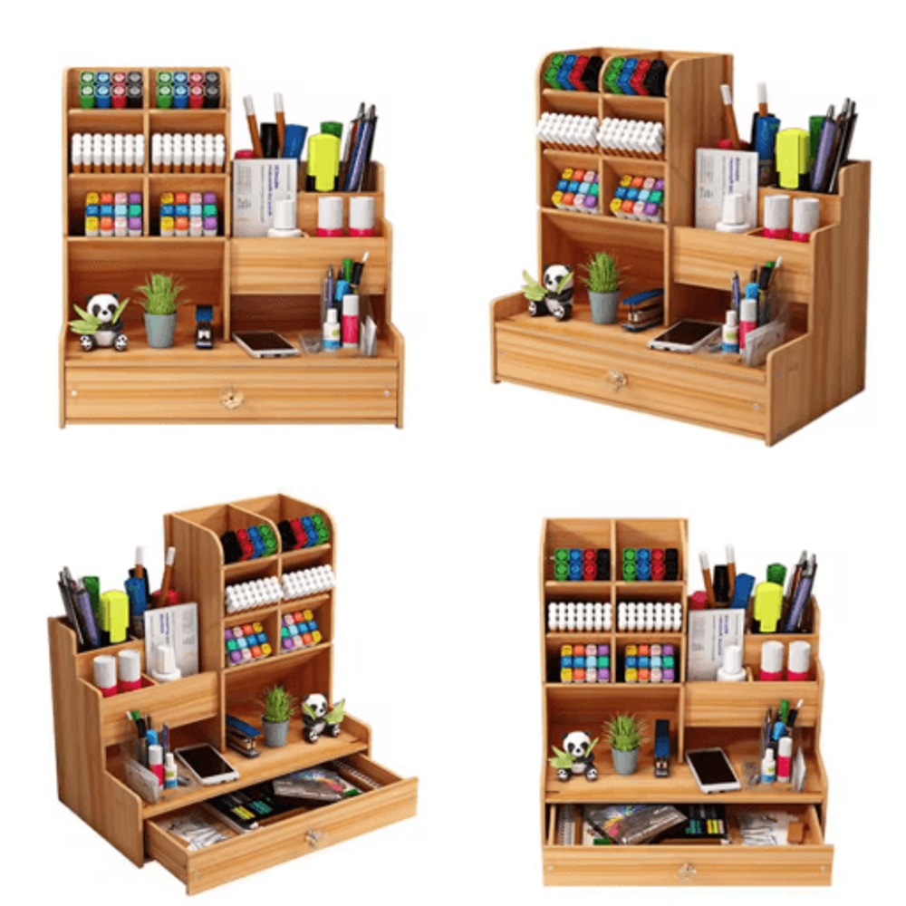 Multi Functional Wooden Pen Holder With Drawer For Desk And Vanity Storage 4