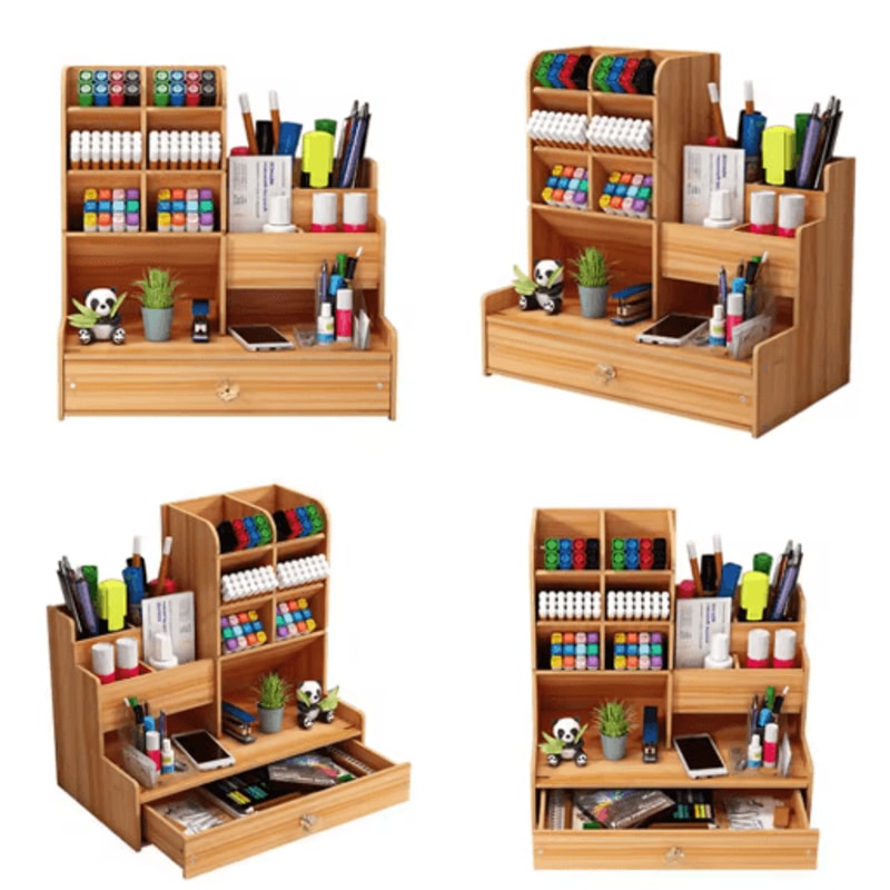 Multi Functional Wooden Pen Holder With Drawer For Desk And Vanity Storage 4