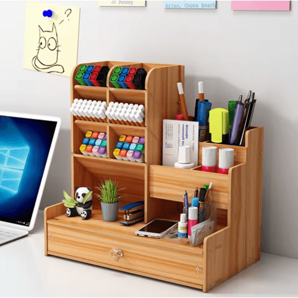 Multi Functional Wooden Pen Holder With Drawer For Desk And Vanity Storage 0