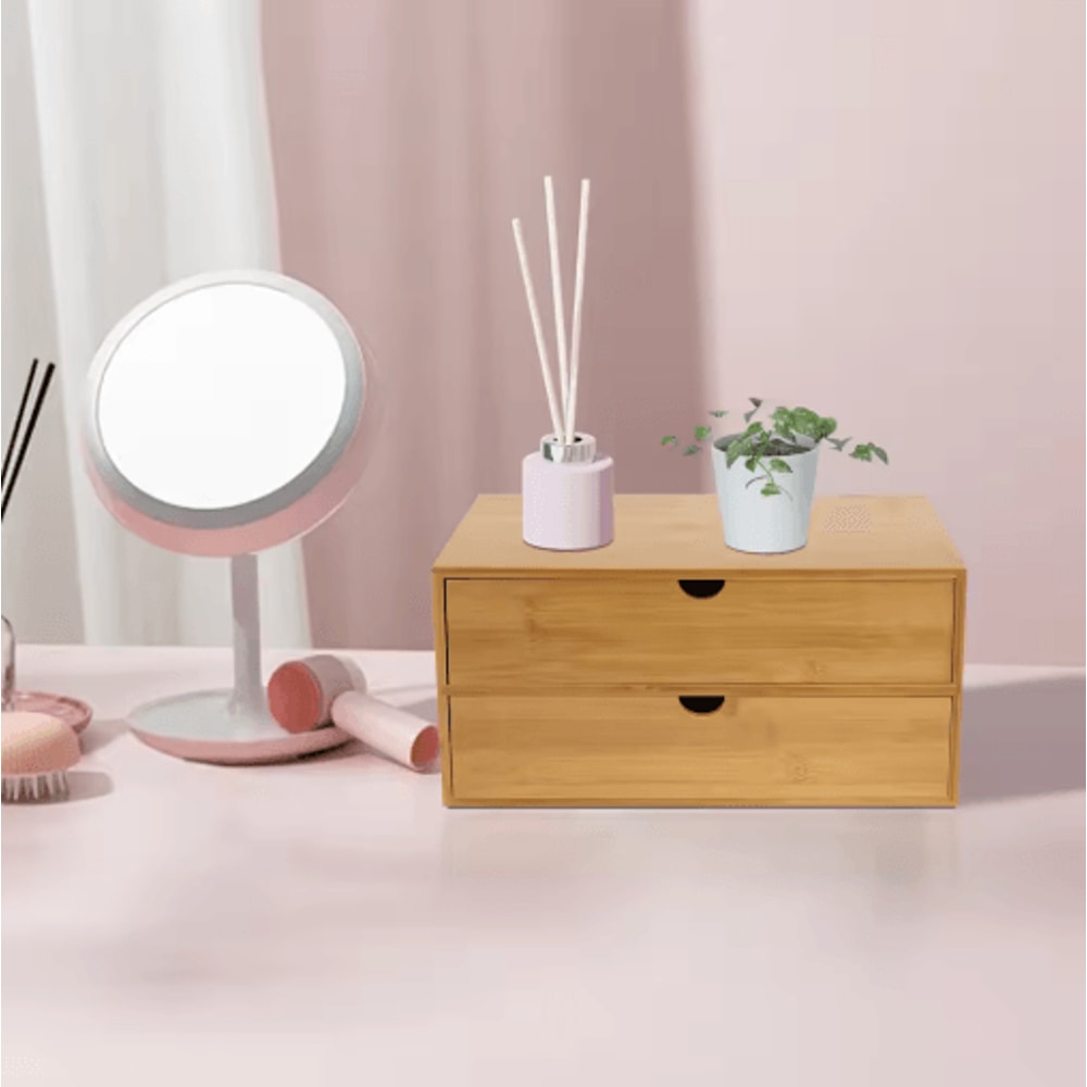 Bamboo Desktop Organizer With 2 Drawers For Minimalist Office Storage 2