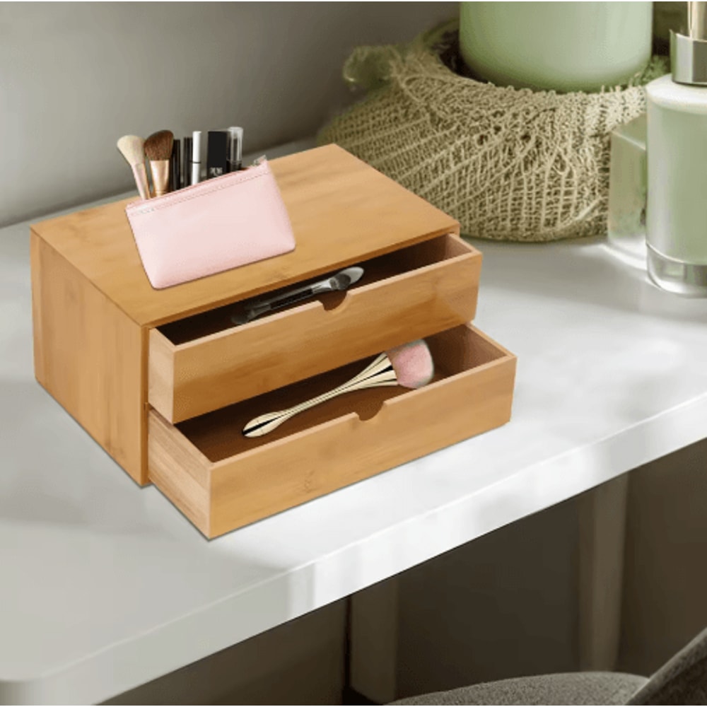 Bamboo Desktop Organizer With 2 Drawers For Minimalist Office Storage 4