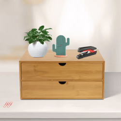 bamboo desktop organizer with 2 drawers for minimalist office storage