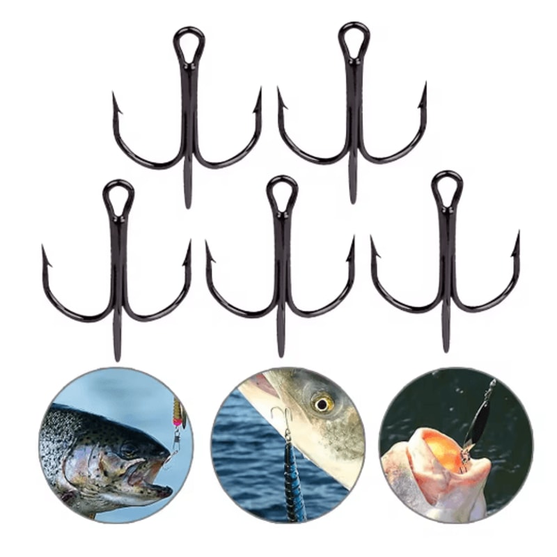 10PCS High Carbon Steel Treble Fishing Hooks Round Bend Bass Tackle Set 5