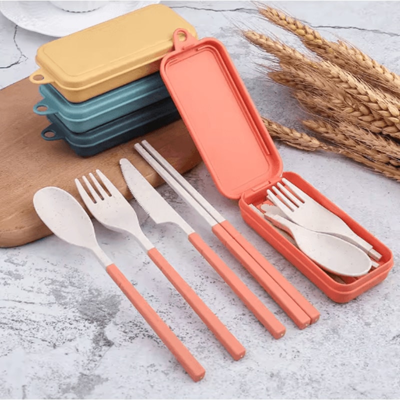 Portable Wheat Straw Cutlery Set 4PCS Travel Camping Tableware Kit 9