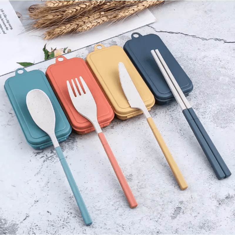 Portable Wheat Straw Cutlery Set 4PCS Travel Camping Tableware Kit 12