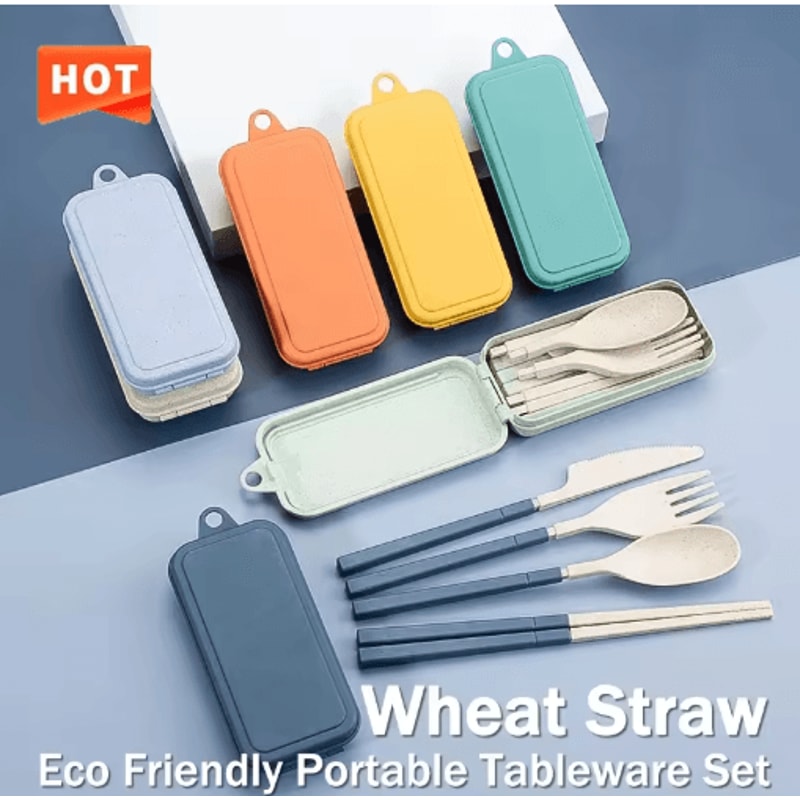 Portable Wheat Straw Cutlery Set 4PCS Travel Camping Tableware Kit 13