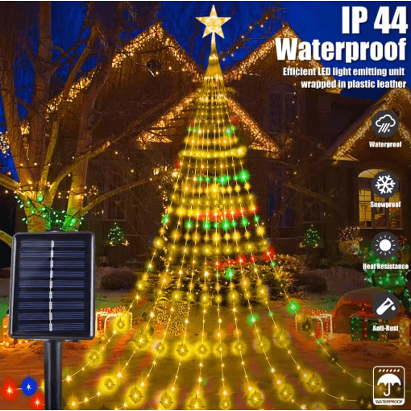 Solar Star Waterfall String Lights 8 Mode Christmas Tree Fairy Lights 8