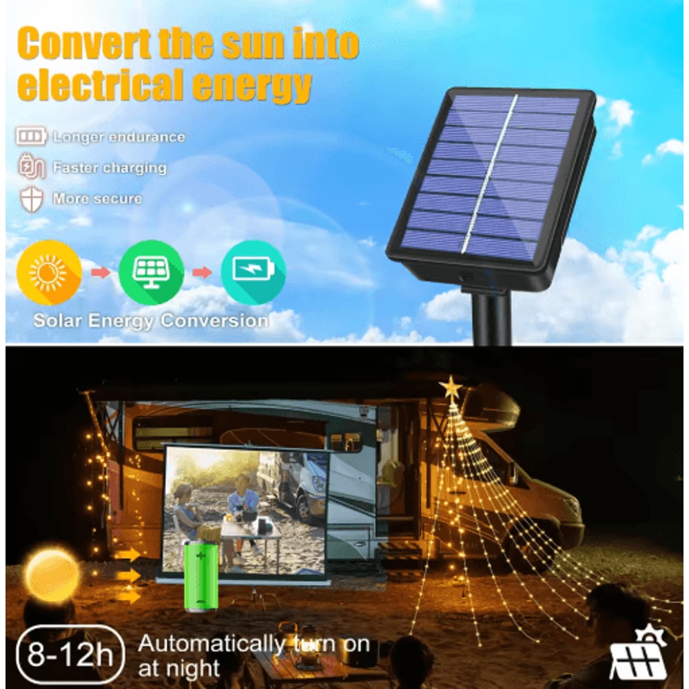 Solar Star Waterfall String Lights 8 Mode Christmas Tree Fairy Lights 9