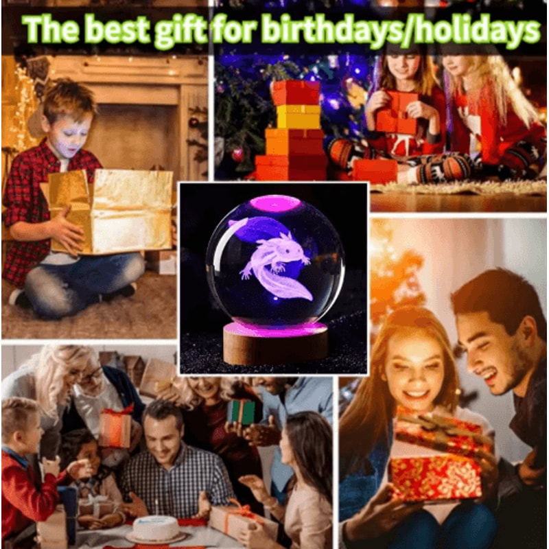 3D Axolotl Crystal Ball Night Light Laser Engraved Decorative LED Lamp 0