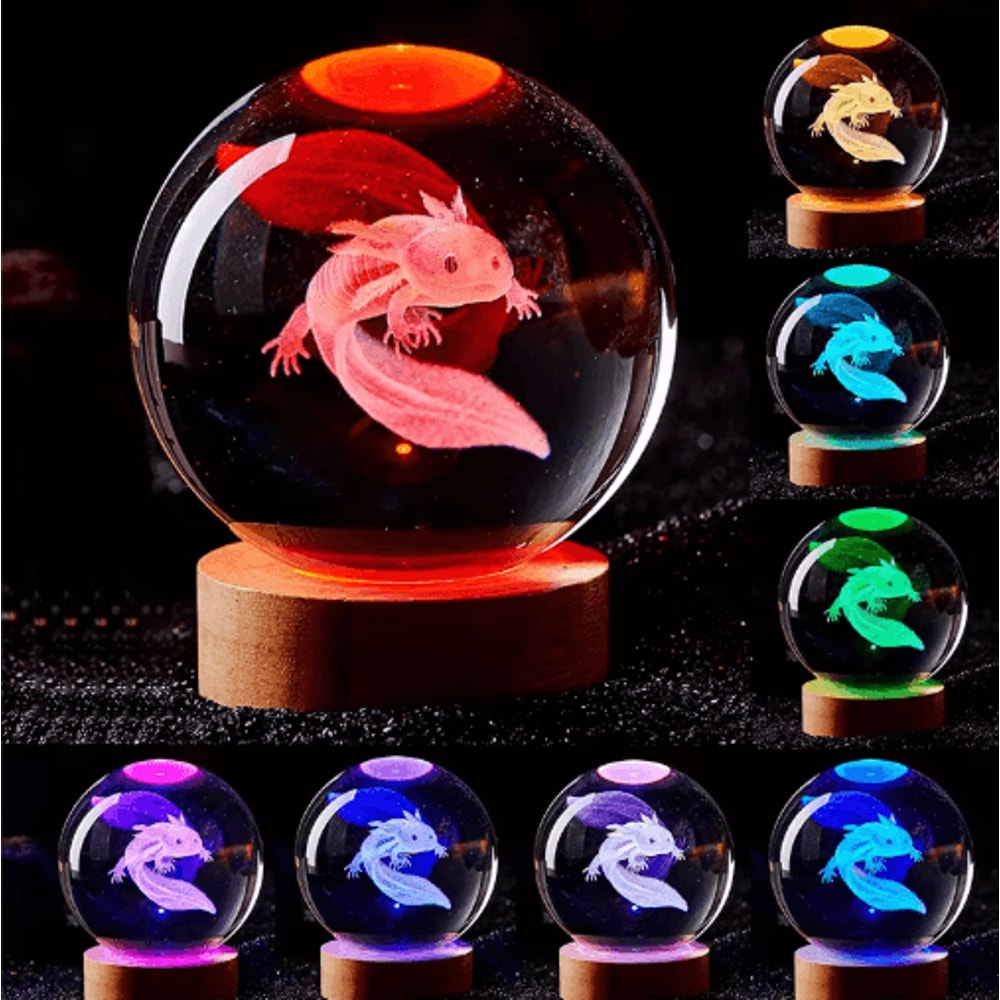 3D Axolotl Crystal Ball Night Light Laser Engraved Decorative LED Lamp 3