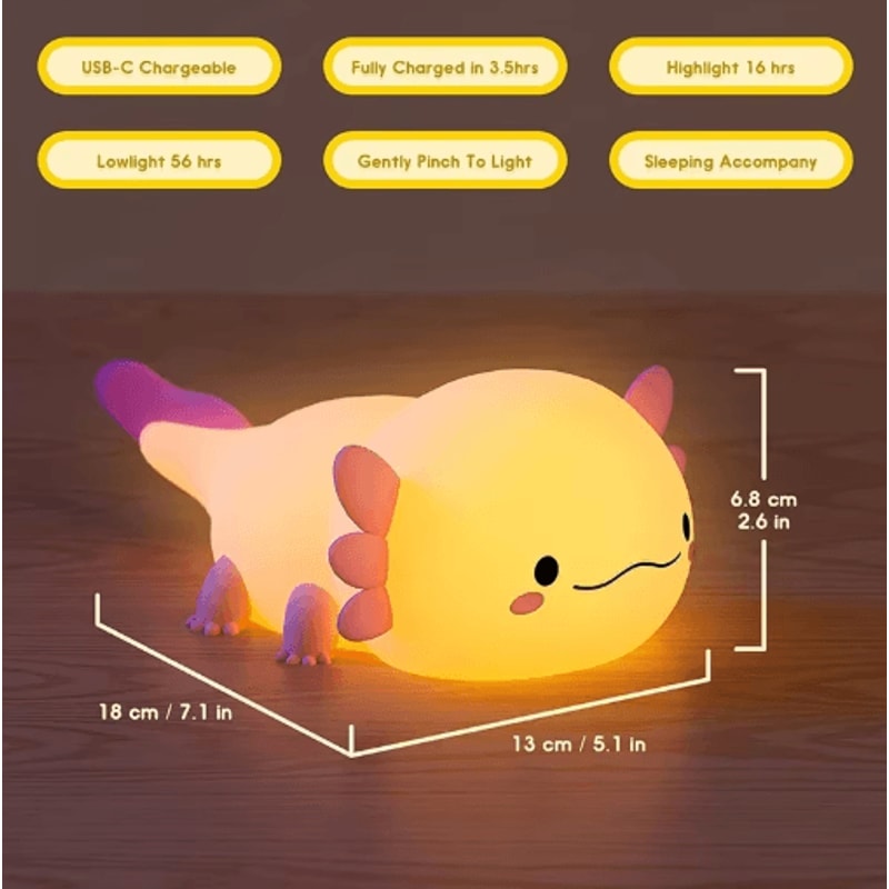 Cute Axolotl Silicone Night Light Touch Control Rechargeable Nursery Lamp 2
