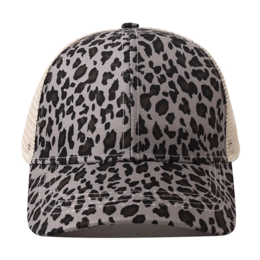 Leopard Print High Ponytail Trucker Hat Breathable Womens Mesh Snapback Cap 1