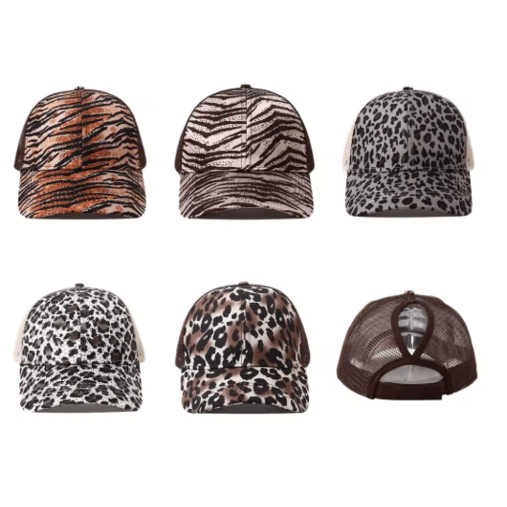 Leopard Print High Ponytail Trucker Hat Breathable Womens Mesh Snapback Cap 0