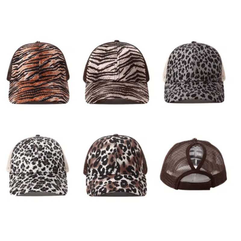 Leopard Print High Ponytail Trucker Hat Breathable Womens Mesh Snapback Cap 0