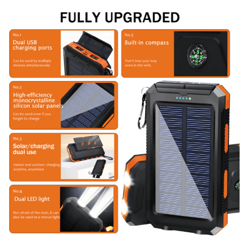 20000mAh Solar Power Bank Waterproof Portable Solar Charger With Dual USB LED Flashlight 1