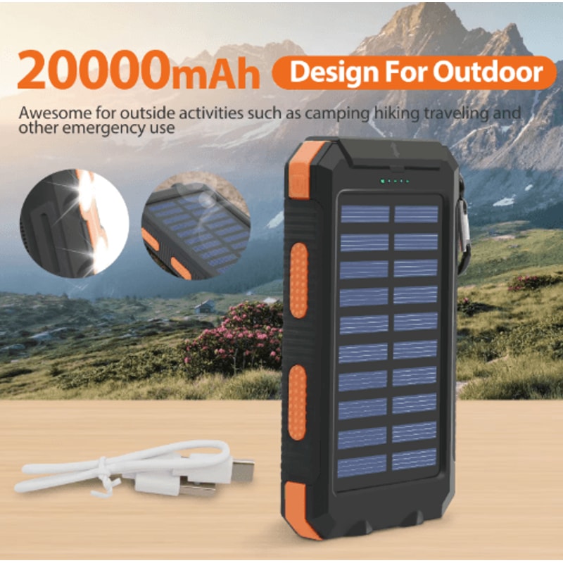 20000mAh Solar Power Bank Waterproof Portable Solar Charger With Dual USB LED Flashlight 5
