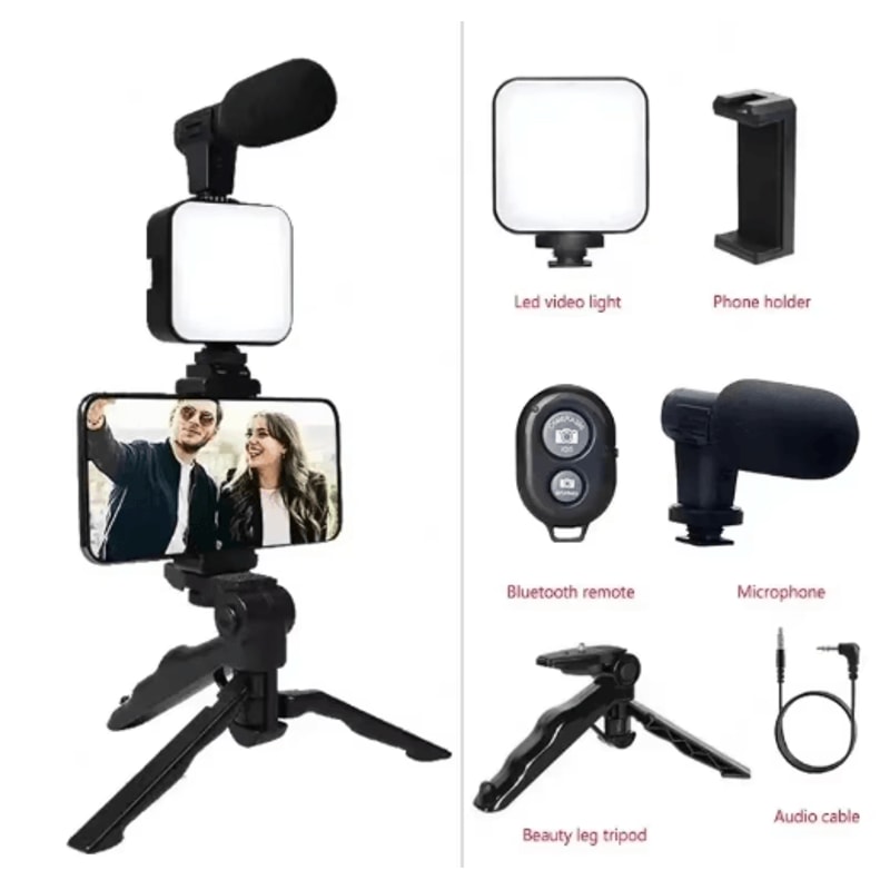 AllinOne Smartphone Vlogging Kit Tripod Microphone LED Light Starter Set 1
