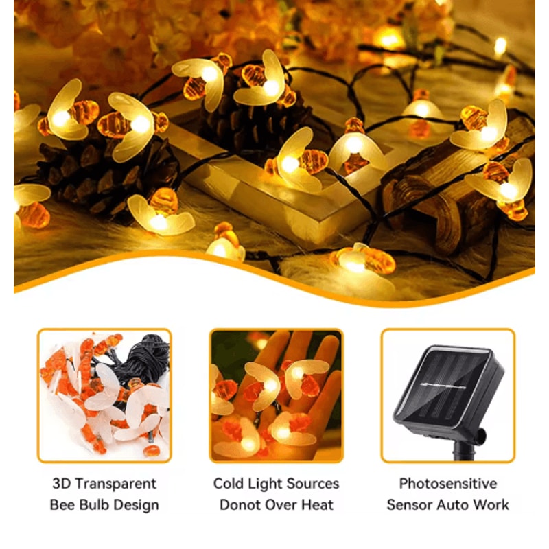 Cute Bee Solar String Lights 20 LED Outdoor Fairy Lights For Garden Party Decor 4