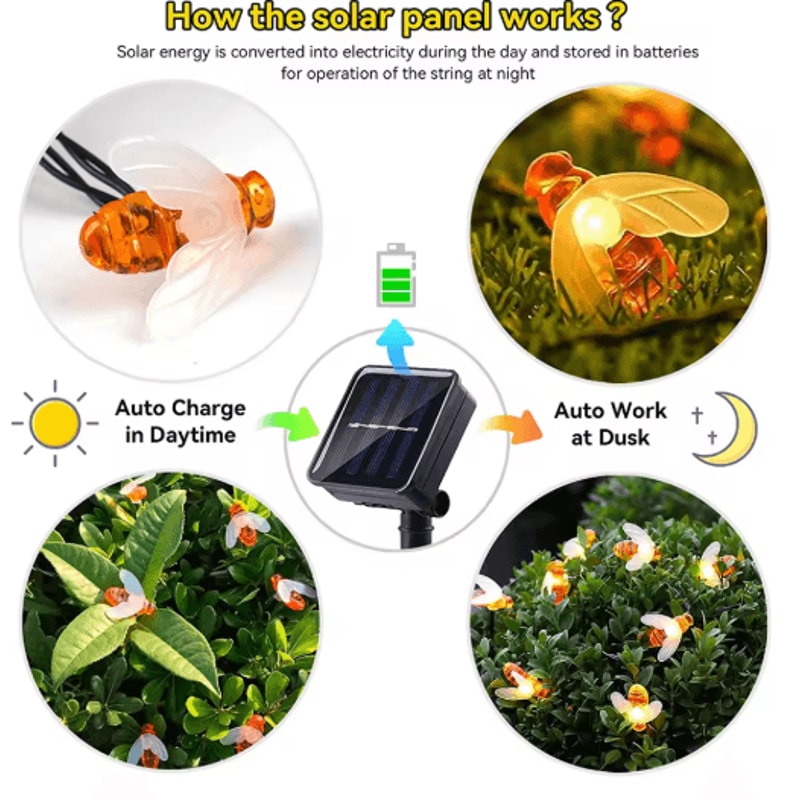 Cute Bee Solar String Lights 20 LED Outdoor Fairy Lights For Garden Party Decor 6