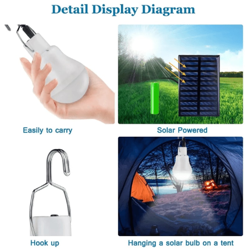 Portable Solar LED Bulb Light USB Rechargeable Hanging Emergency Lamp 3