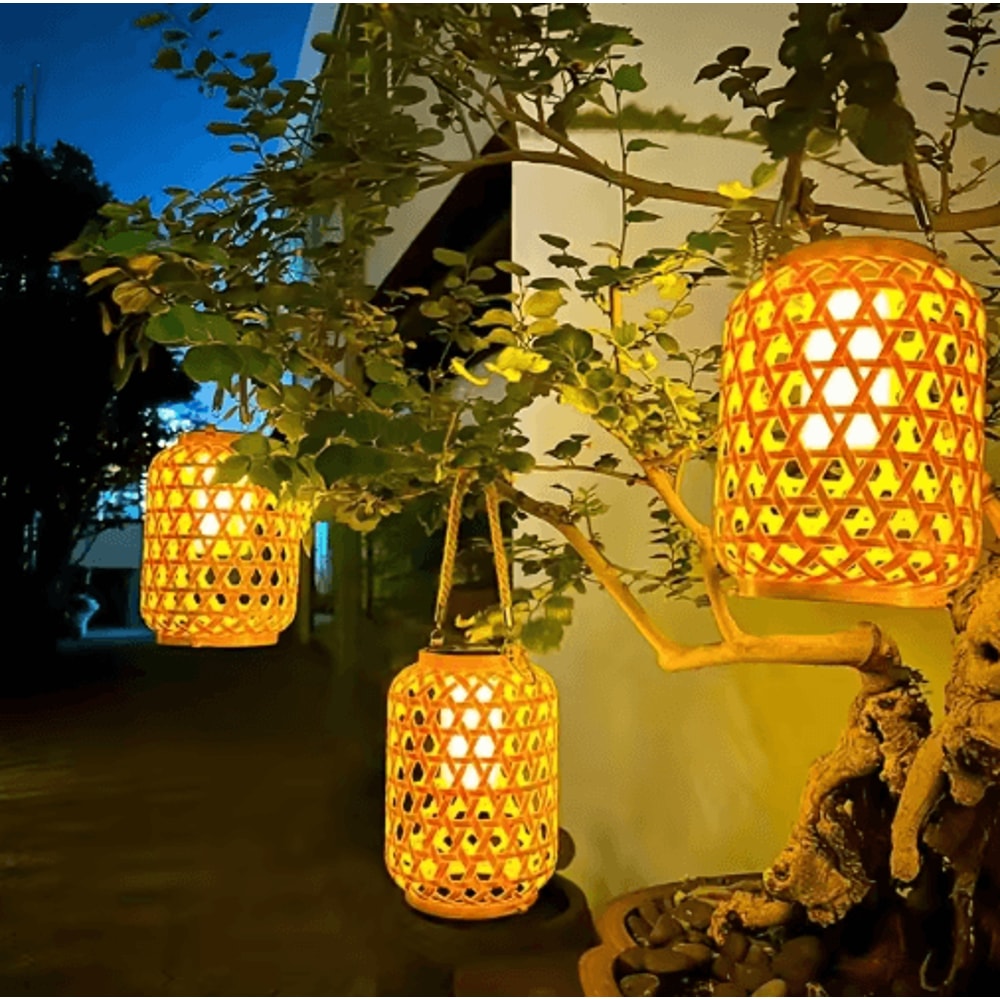 Solar Bamboo Style Rattan Lantern Waterproof Outdoor Garden Hanging Light 7