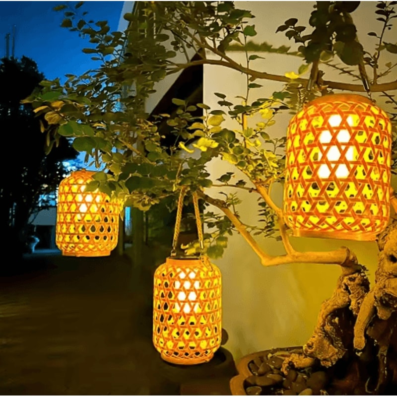Solar Bamboo Style Rattan Lantern Waterproof Outdoor Garden Hanging Light 7