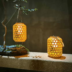 solar bamboo style rattan lantern – waterproof outdoor garden hanging light