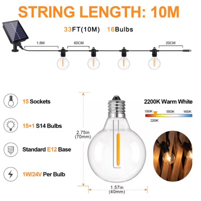 G40 Solar Globe String Lights With Remote Dimmable Waterproof Patio Hanging Lights 1