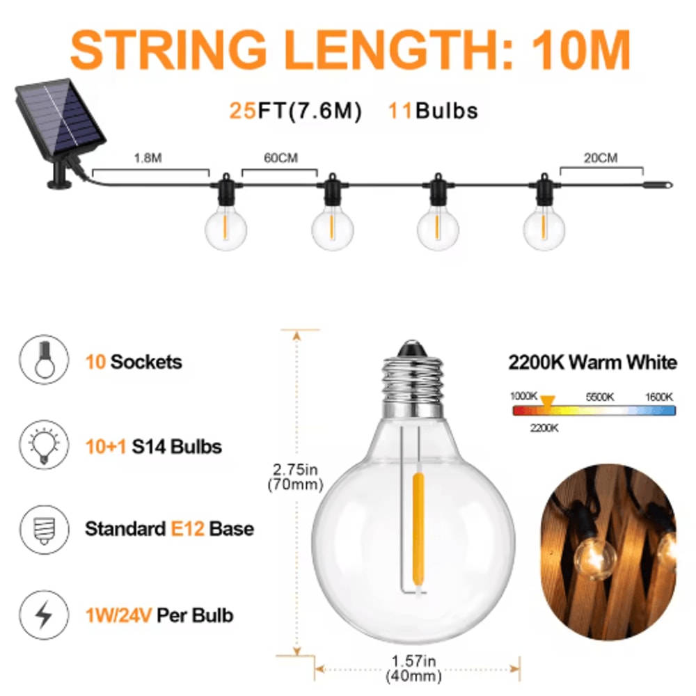 G40 Solar Globe String Lights With Remote Dimmable Waterproof Patio Hanging Lights 2