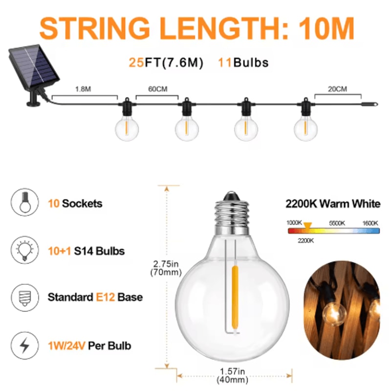G40 Solar Globe String Lights With Remote Dimmable Waterproof Patio Hanging Lights 2