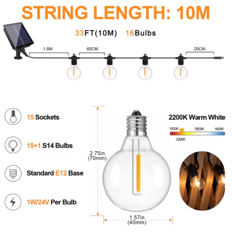 G40 Solar Globe String Lights With Remote Dimmable Waterproof Patio Hanging Lights 7
