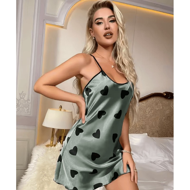 Womens Heart Print Criss Cross Back Nightdress Soft Casual Sleepwear Dress 6