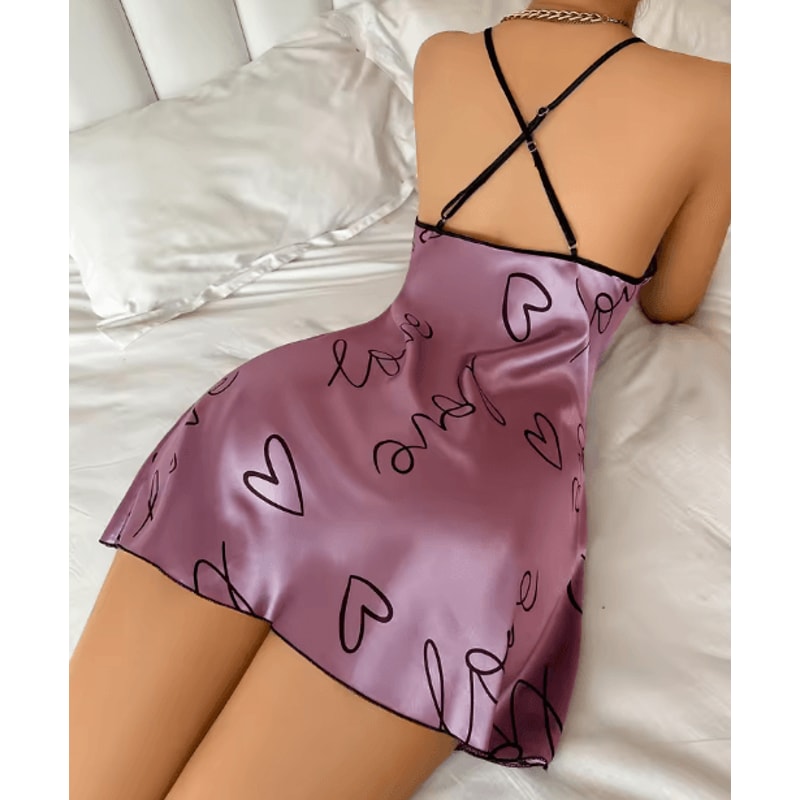 Womens Heart Letter Print Spaghetti Strap Nightdress Casual Sleepwear Dress 2