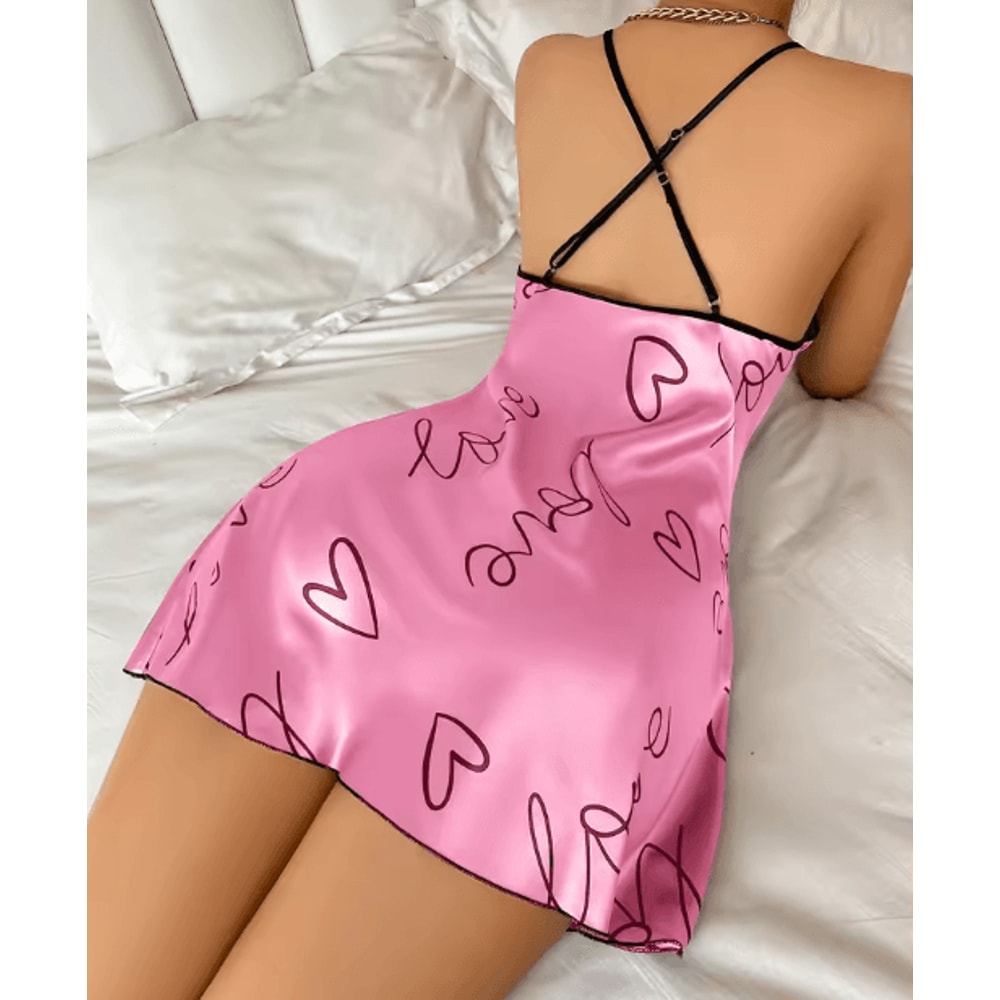 Womens Heart Letter Print Spaghetti Strap Nightdress Casual Sleepwear Dress 3