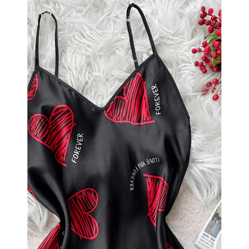 Valentines Red Lip Print Satin Slip Nightdress Backless VNeck Mini Sleep Dress 6