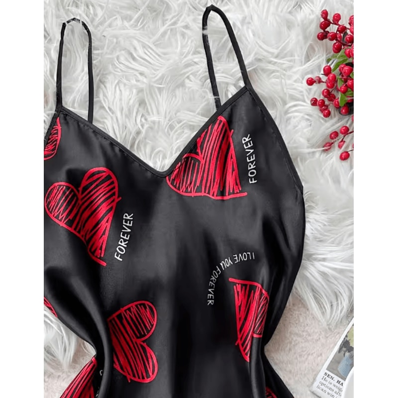 Valentines Red Lip Print Satin Slip Nightdress Backless VNeck Mini Sleep Dress 6