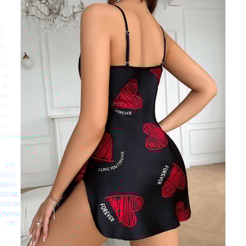 Valentines Red Lip Print Satin Slip Nightdress Backless VNeck Mini Sleep Dress 8
