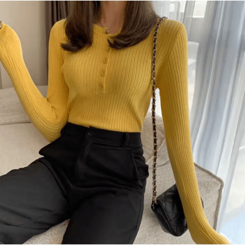 Womens Knitted Button ONeck Sweater Slim Fit Striped Pullover 2