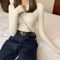 Womens Knitted Button ONeck Sweater Slim Fit Striped Pullover 4