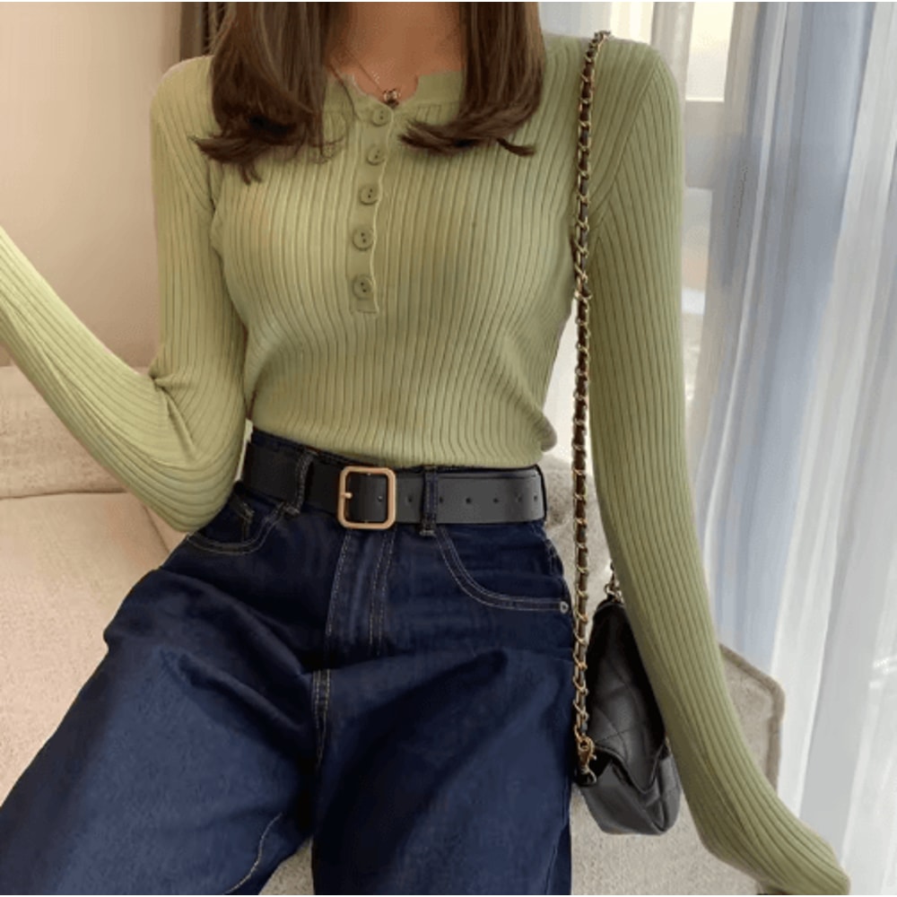 Womens Knitted Button ONeck Sweater Slim Fit Striped Pullover 5