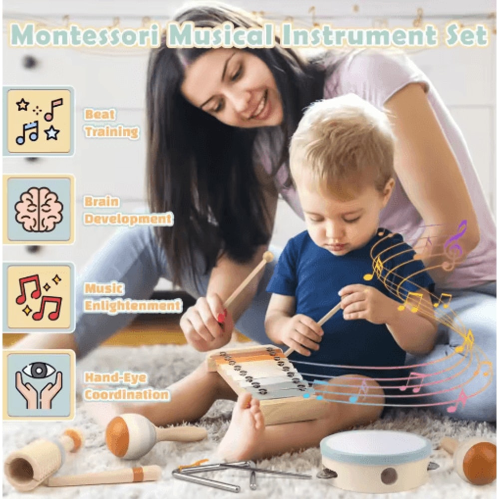 Montessori Wooden Musical Instrument Set For Toddlers Percussion Xylophone Toy 6