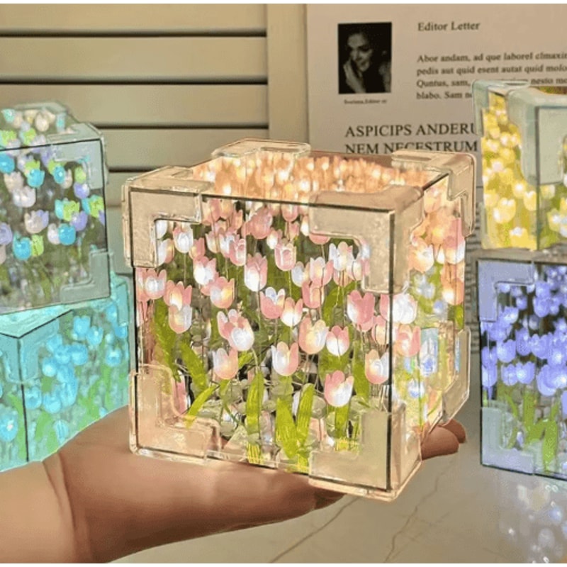 DIY Tulip Mirror Cube Night Lamp 3D Flower Bedside Light 0