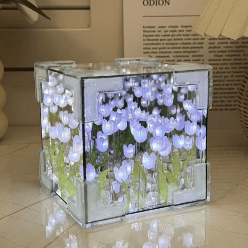 DIY Tulip Mirror Cube Night Lamp 3D Flower Bedside Light 9