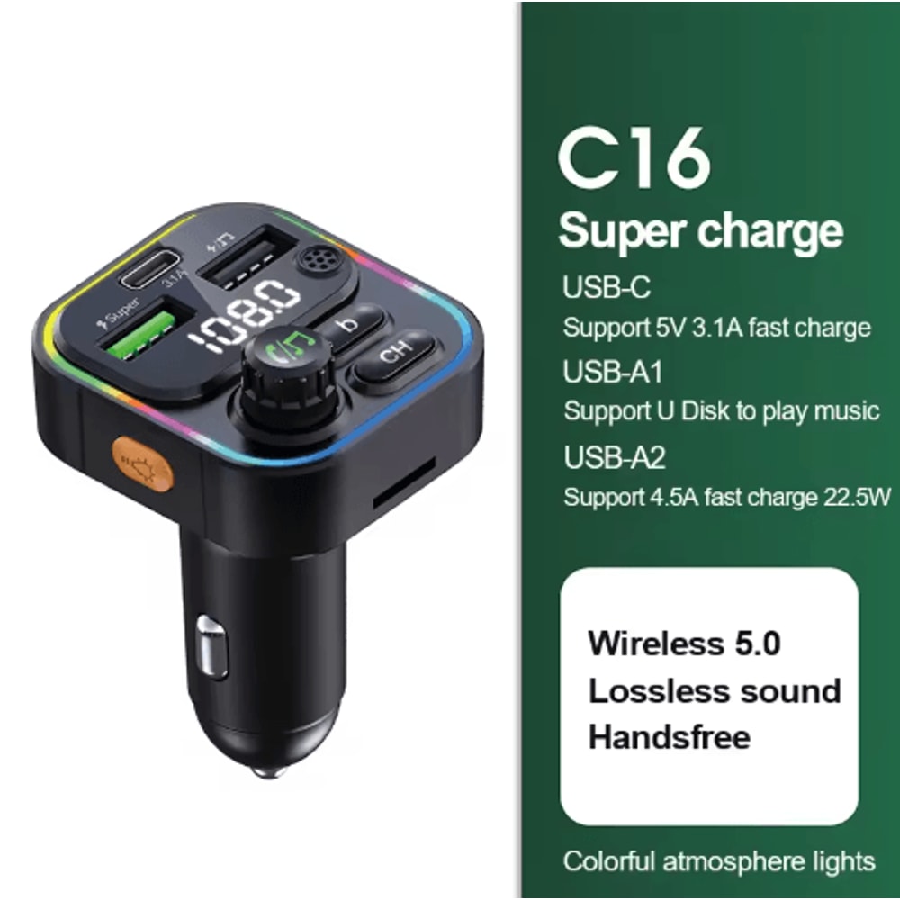 Bluetooth 50 FM Transmitter Car Charger With HandsFree Calling Fast Charge 2