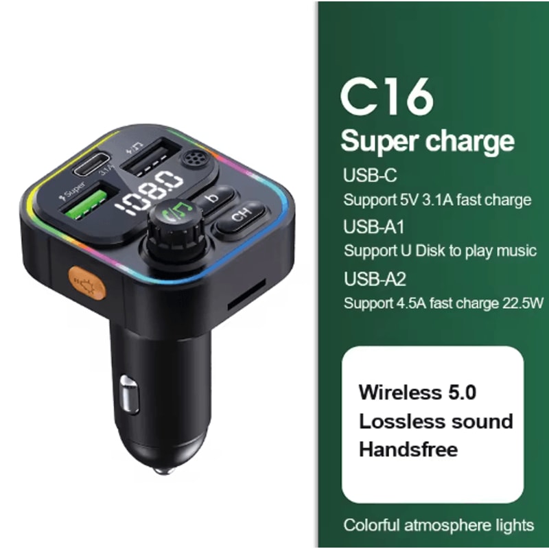 Bluetooth 50 FM Transmitter Car Charger With HandsFree Calling Fast Charge 2