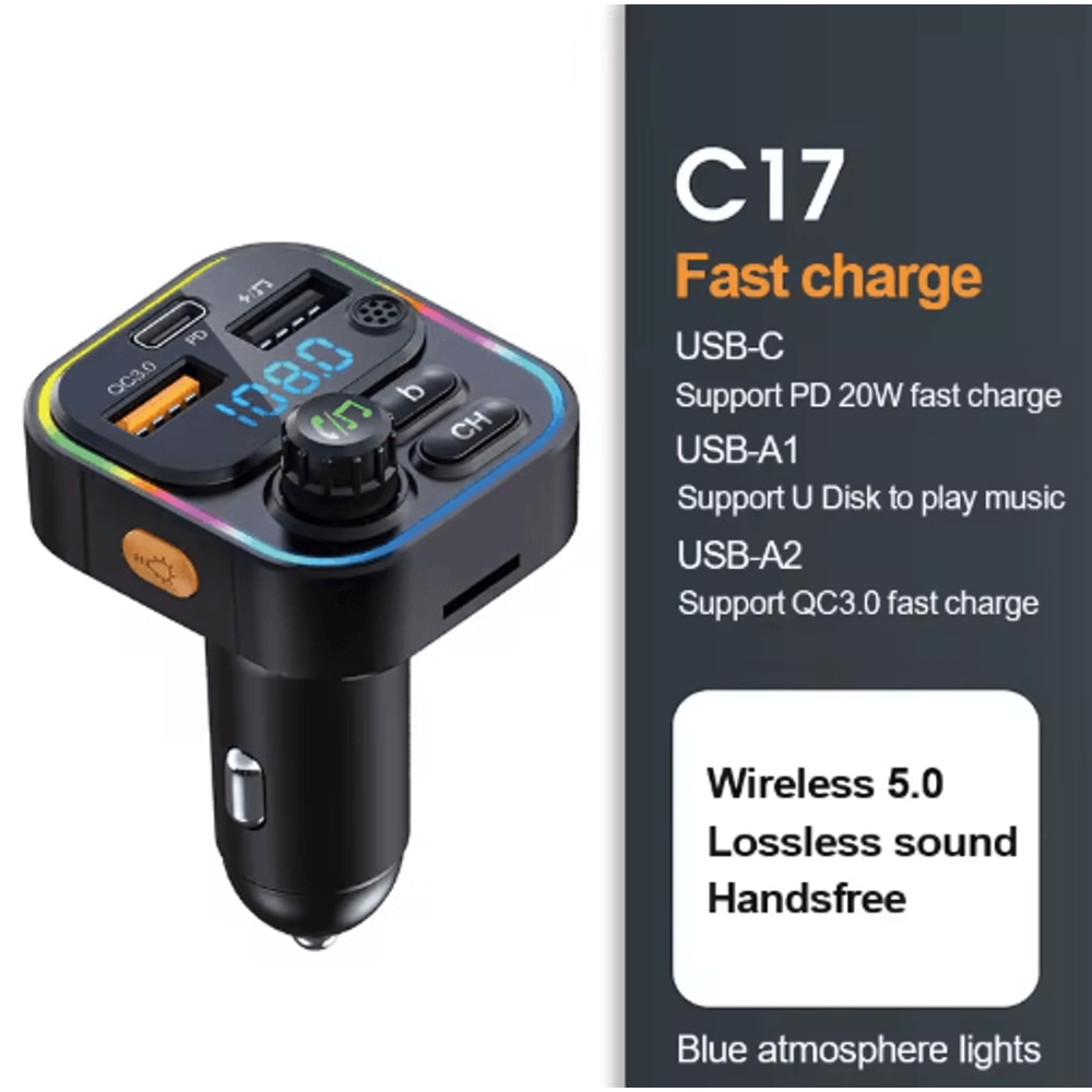 Bluetooth 50 FM Transmitter Car Charger With HandsFree Calling Fast Charge 3