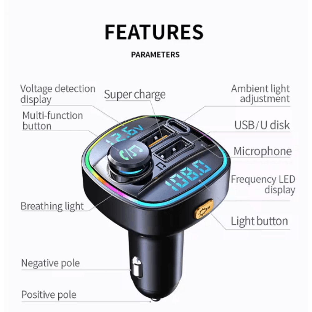 Bluetooth 50 FM Transmitter Car Charger With HandsFree Calling Fast Charge 7